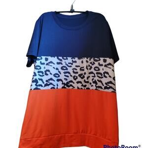Boutique Leopard Print Black Orange Tri Color Block Top Short Sleeve Sz 2XL